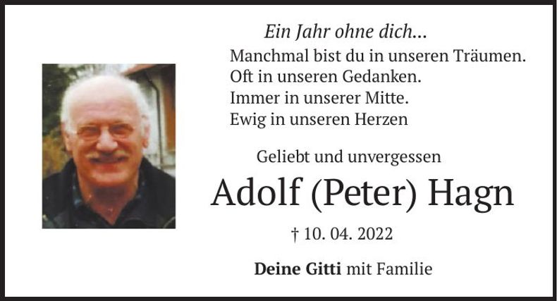 Traueranzeige Adolf (Peter) Hagn