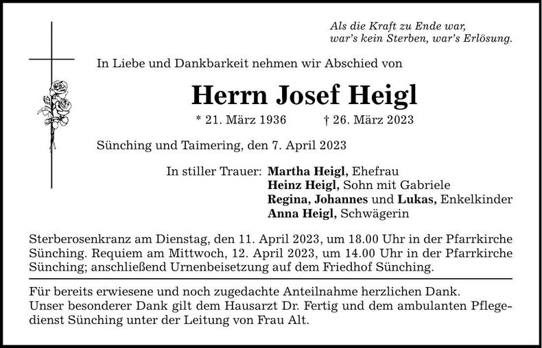 Traueranzeige Josef Heigl