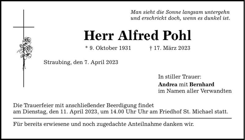 Traueranzeige Alfred Pohl