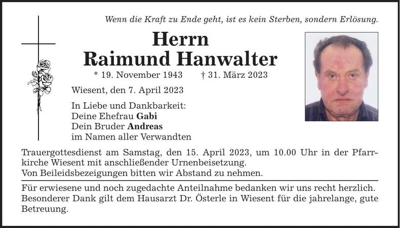 Traueranzeige Raimund Hanwalter