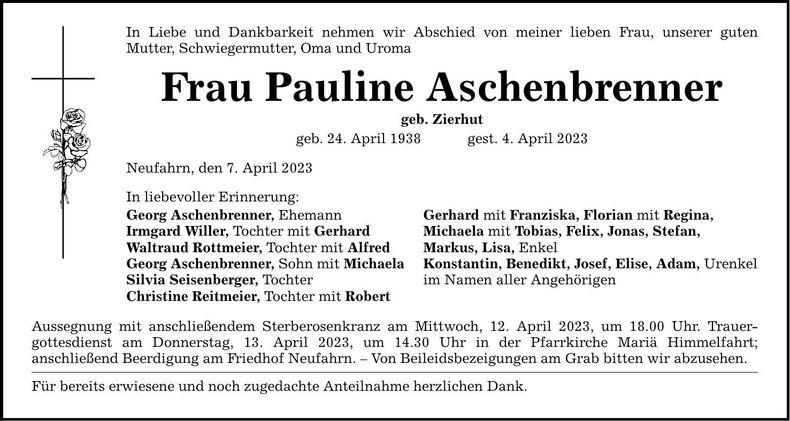 Traueranzeige Pauline Aschenbrenner