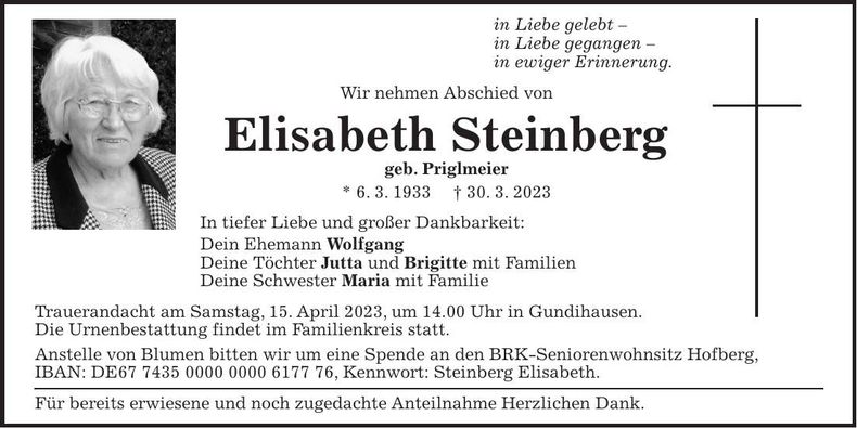 Traueranzeige Elisabeth Steinberg