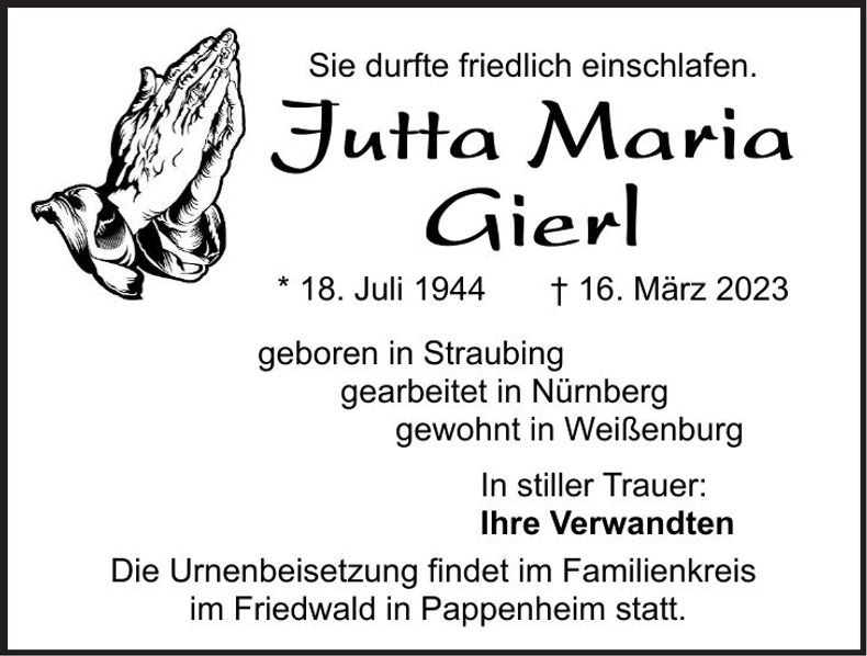 Traueranzeige Jutta Gierl