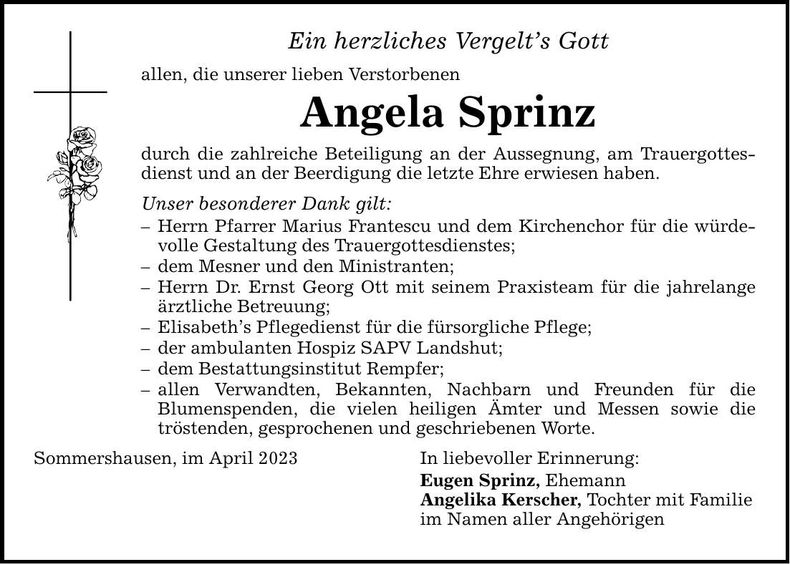 Traueranzeige Angela Sprinz