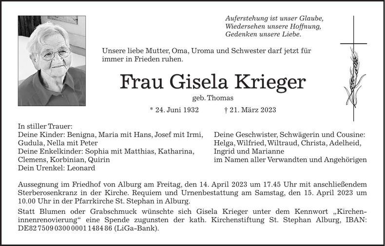 Traueranzeige Gisela Krieger