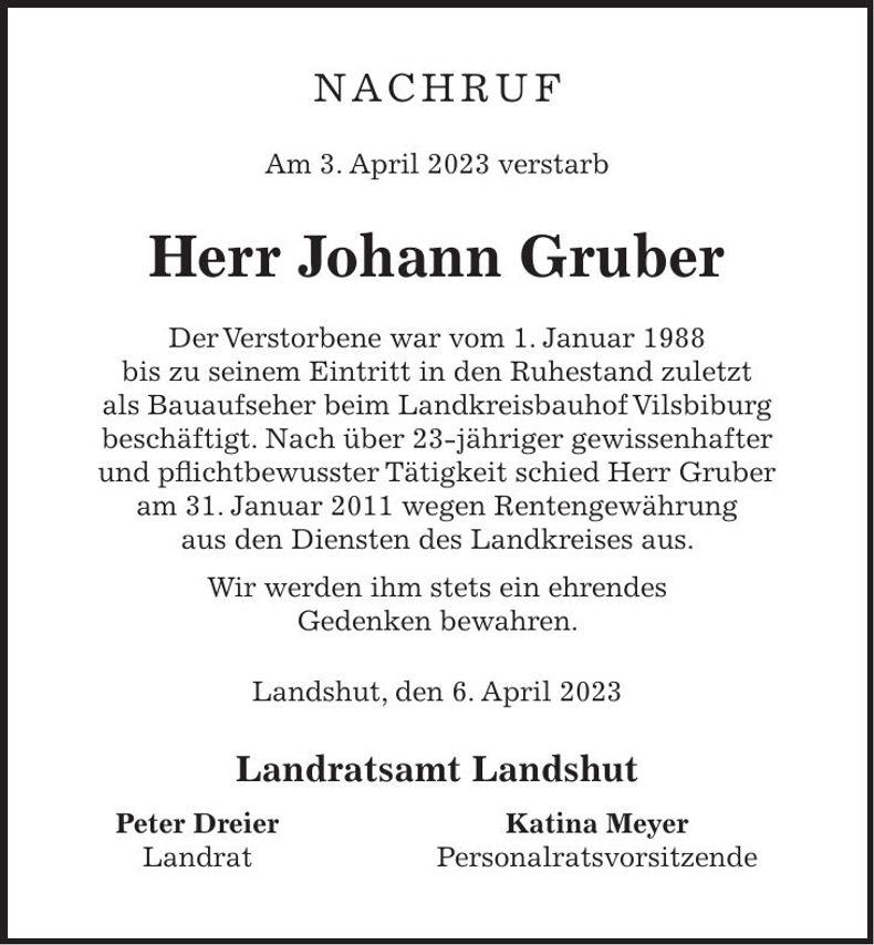 Traueranzeige Johann Gruber