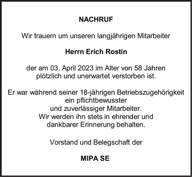Traueranzeige Erich Rostin