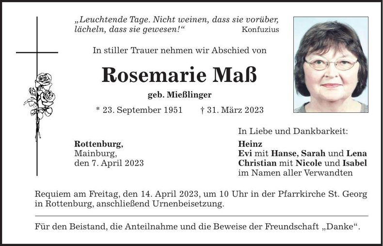 Traueranzeige Rosemarie Mass