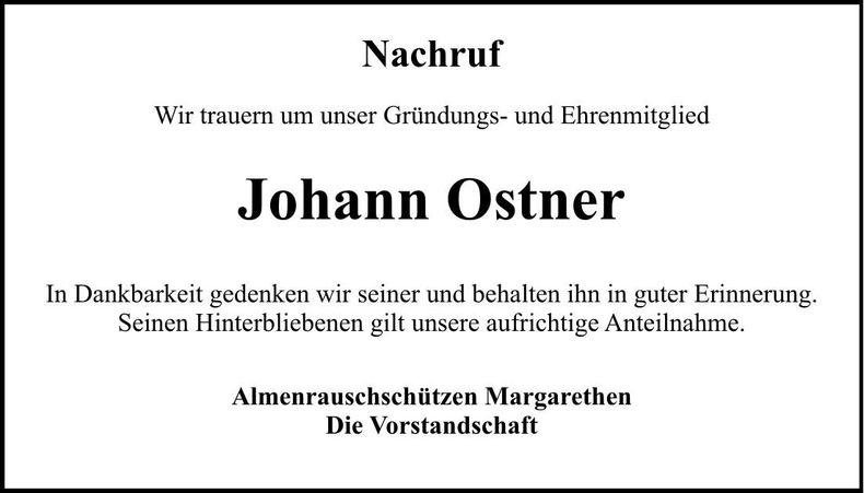 Traueranzeige Johann Ostner