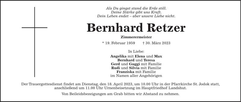 Traueranzeige Bernhard Retzer