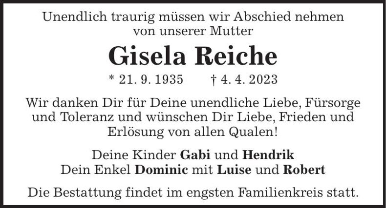 Traueranzeige Gisela Reiche