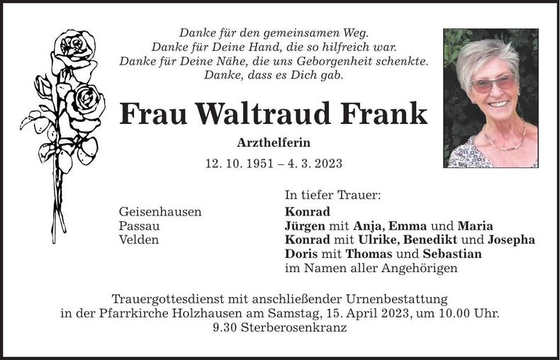 Traueranzeige Waltraud Frank