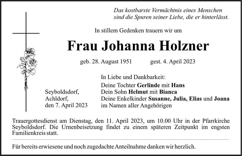 Traueranzeige Johanna Holzner