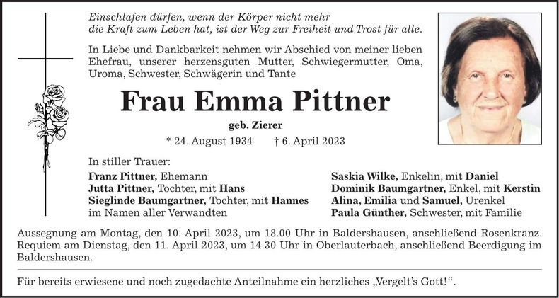Traueranzeige Emma Pittner