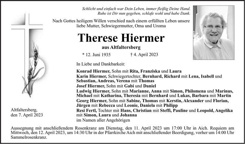 Traueranzeige Therese Hiermer