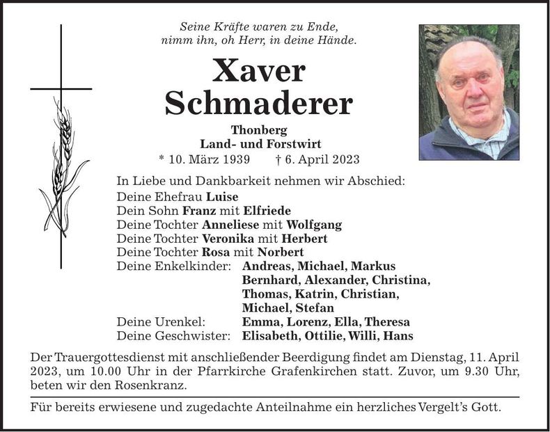 Traueranzeige Xaver Schmaderer