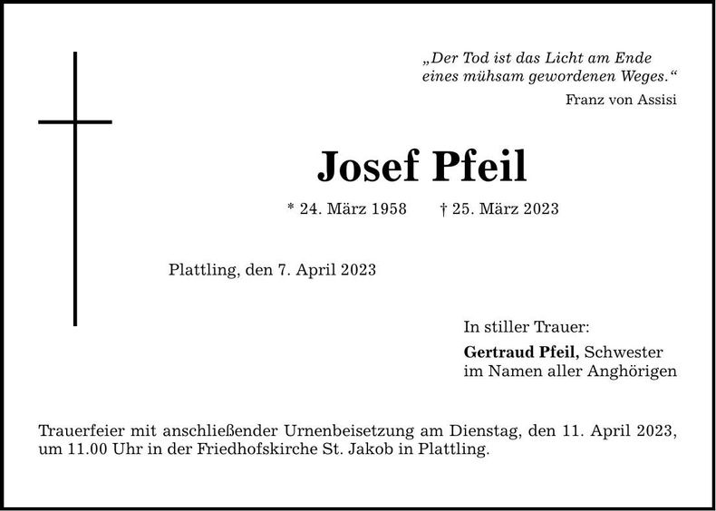 Traueranzeige Josef Pfeil