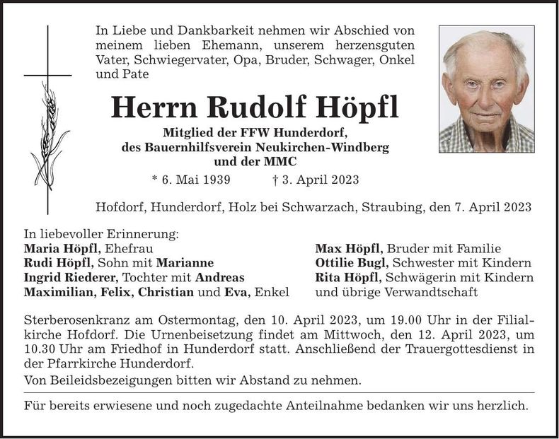 Traueranzeige Rudolf Höpfl