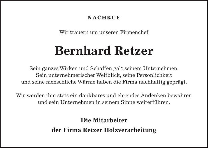 Traueranzeige Bernhard Retzer