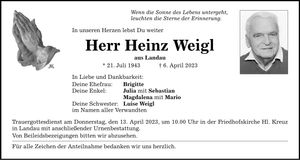 Traueranzeige Heinz Weigl
