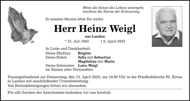 Traueranzeige Heinz Weigl