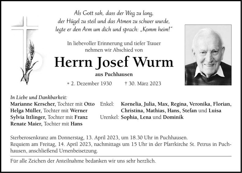 Traueranzeige Josef Wurm