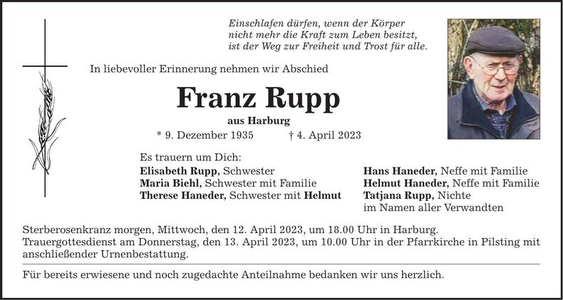 Traueranzeige Franz Rupp