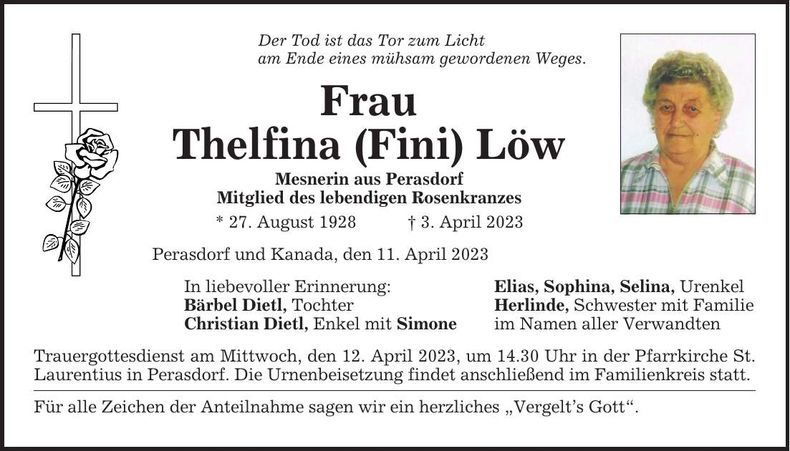 Traueranzeige Thelfina Löw
