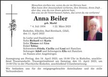 Traueranzeige Anna Beiler