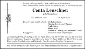 Traueranzeige Centa Leuschner