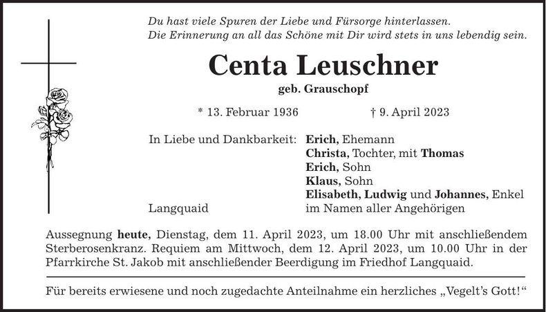 Traueranzeige Centa Leuschner