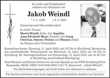 Traueranzeige Jakob Weindl