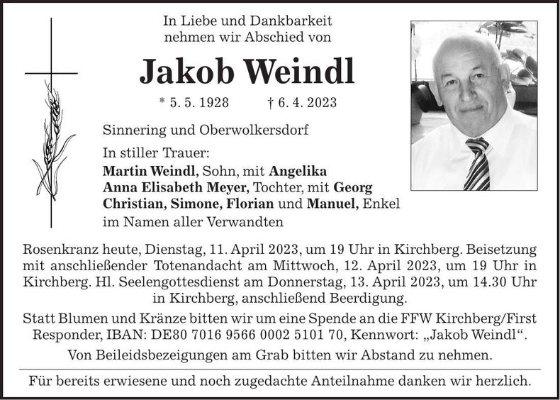 Traueranzeige Jakob Weindl