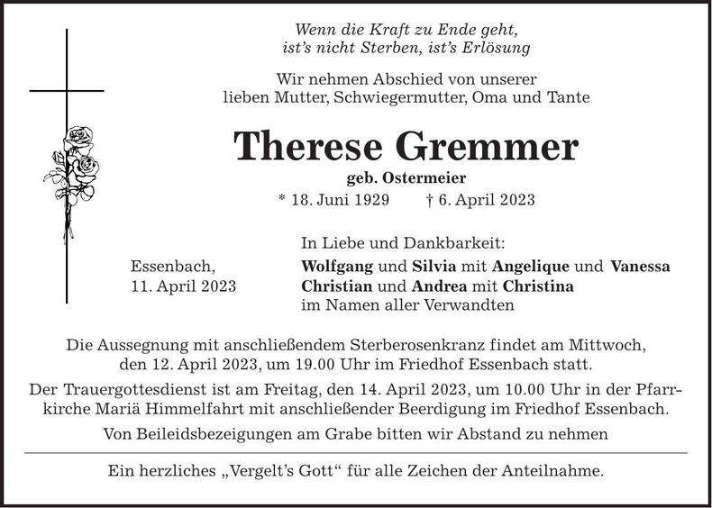 Traueranzeige Therese Gremmer