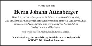 Traueranzeige Johann Attenberger