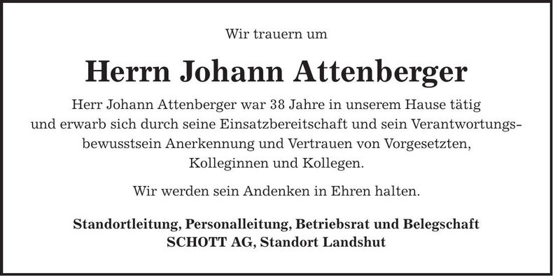 Traueranzeige Johann Attenberger