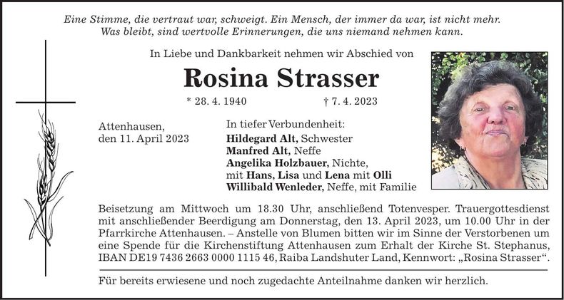 Traueranzeige Rosina Strasser