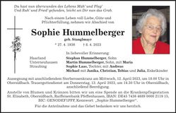 Traueranzeige Sophie Hummelberger