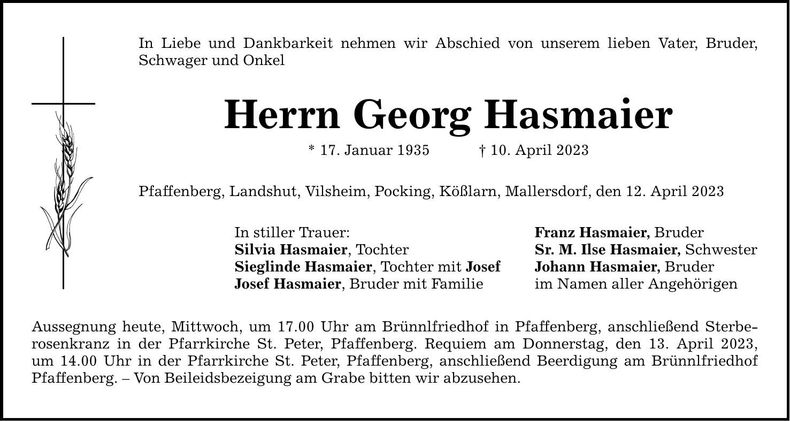 Traueranzeige Georg Hasmaier