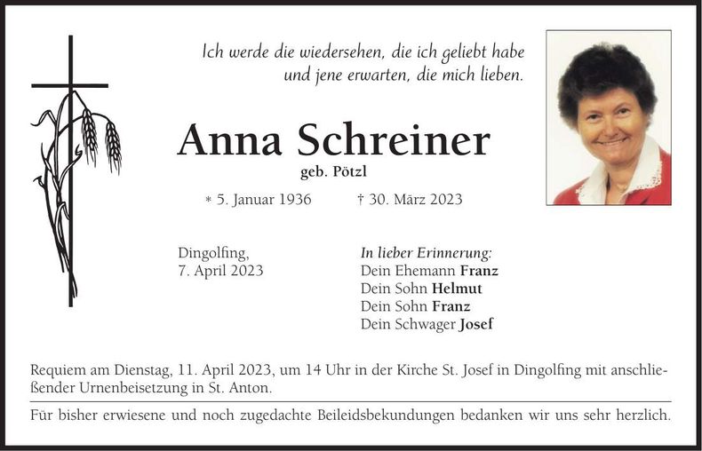 Traueranzeige Anna Schreiner