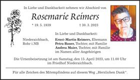 Traueranzeige Rosemarie Reimers