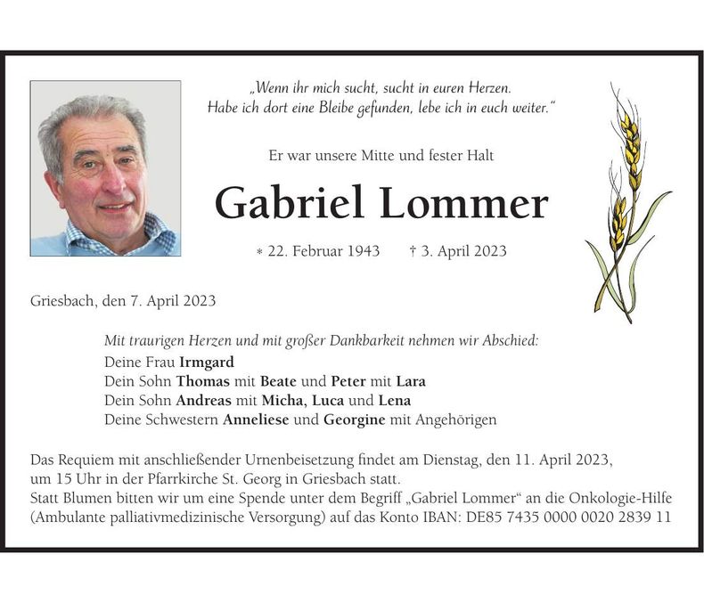 Traueranzeige Gabriel Lommer