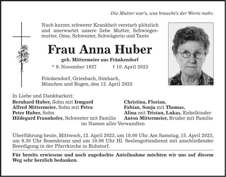 Traueranzeige Anna Huber