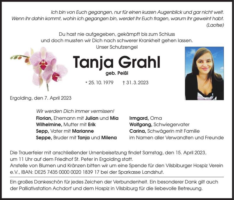 Traueranzeige Tanja Grahl