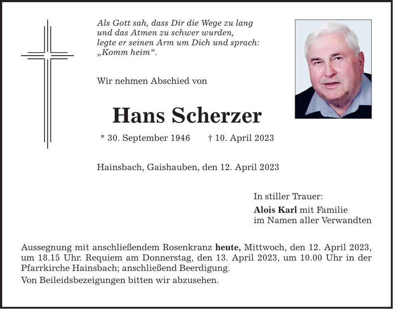 Traueranzeige Hans Scherzer