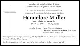 Traueranzeige Hannelore Müller