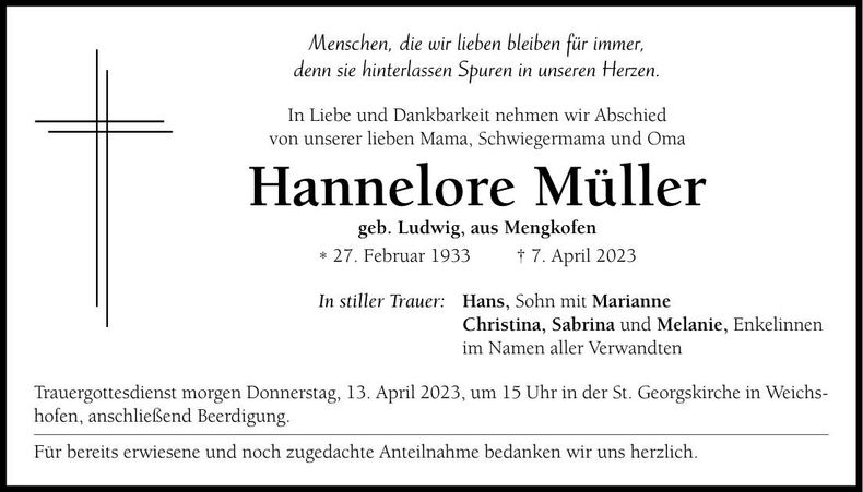 Traueranzeige Hannelore Müller