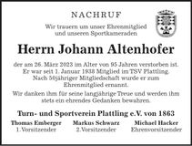 Traueranzeige Johann Altenhofer