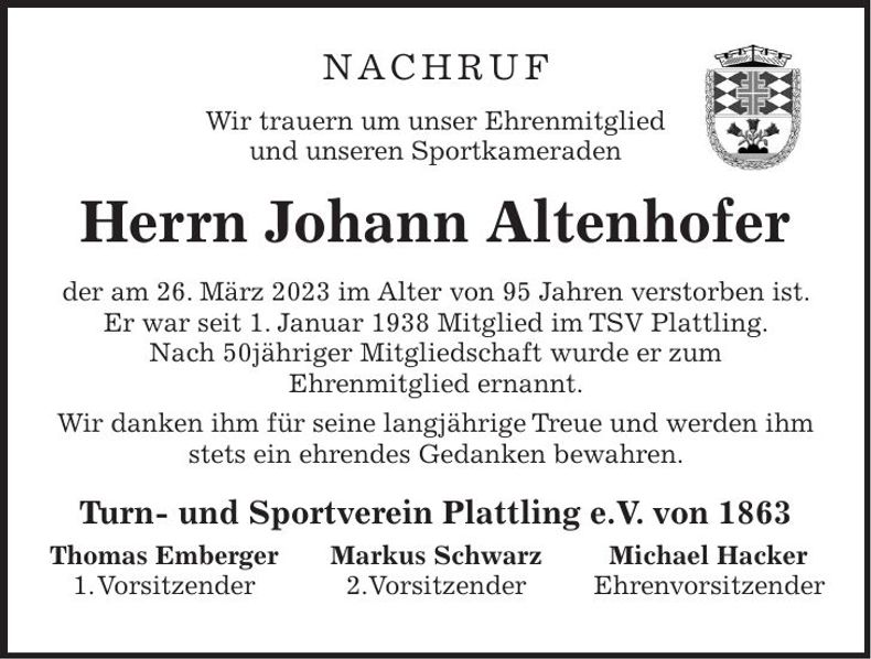 Traueranzeige Johann Altenhofer