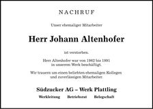 Traueranzeige Johann Altenhofer